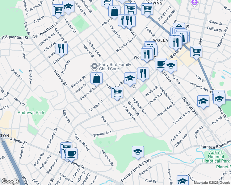 map of restaurants, bars, coffee shops, grocery stores, and more near 269 Belmont Street in Quincy