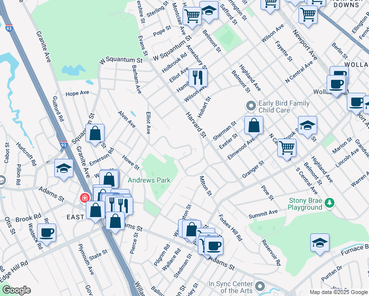 map of restaurants, bars, coffee shops, grocery stores, and more near 30 Elmwood Park in Quincy