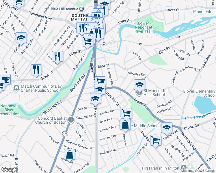 map of restaurants, bars, coffee shops, grocery stores, and more near 10 Thacher Street in Milton