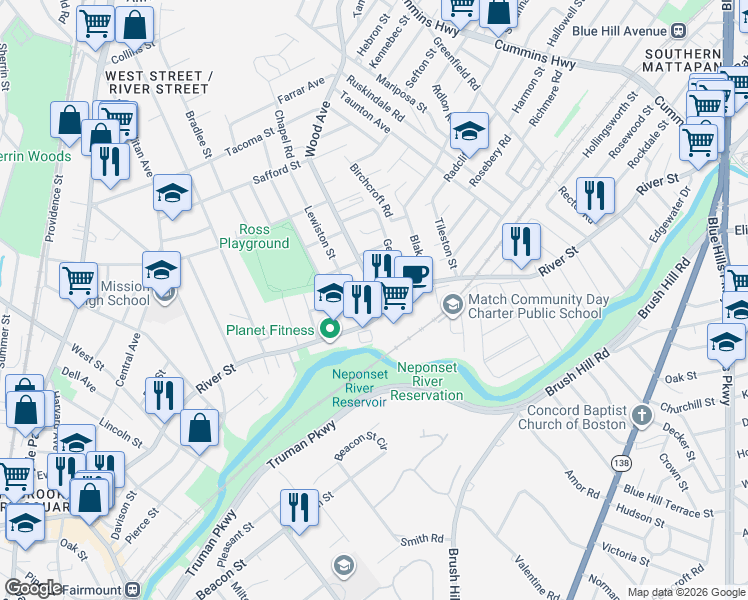 map of restaurants, bars, coffee shops, grocery stores, and more near 869-871 River Street in Boston