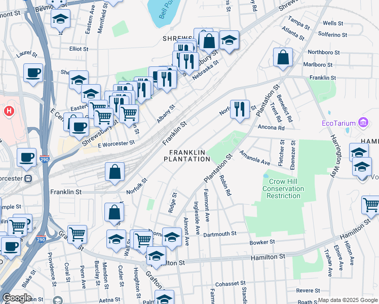 map of restaurants, bars, coffee shops, grocery stores, and more near 112 Orient Street in Worcester