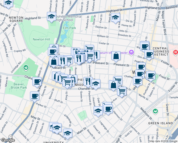 map of restaurants, bars, coffee shops, grocery stores, and more near in Worcester