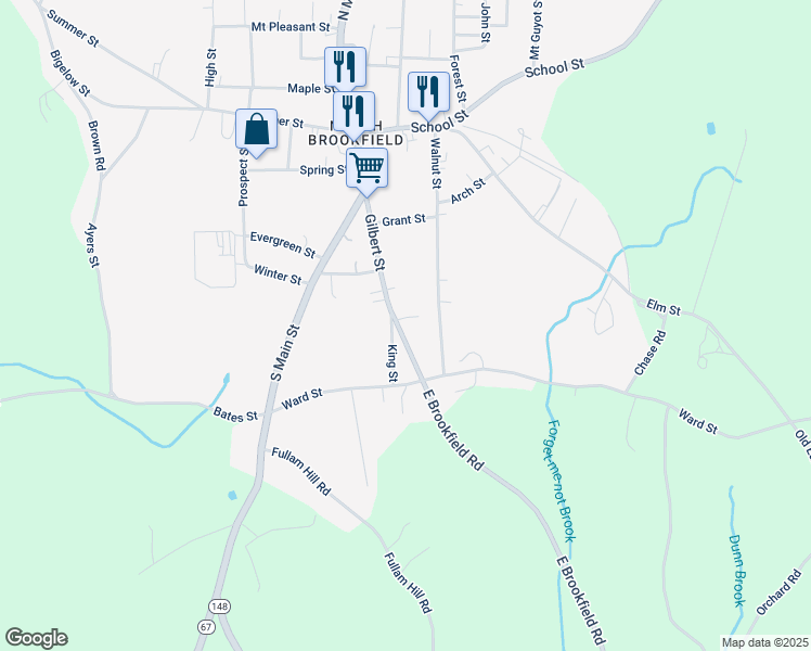 map of restaurants, bars, coffee shops, grocery stores, and more near 69 Gilbert Street in North Brookfield