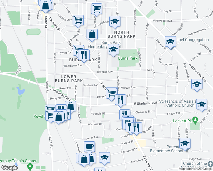 map of restaurants, bars, coffee shops, grocery stores, and more near 1570 Packard Street in Ann Arbor