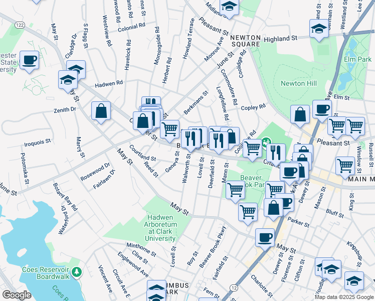map of restaurants, bars, coffee shops, grocery stores, and more near 4 Walworth Street in Worcester