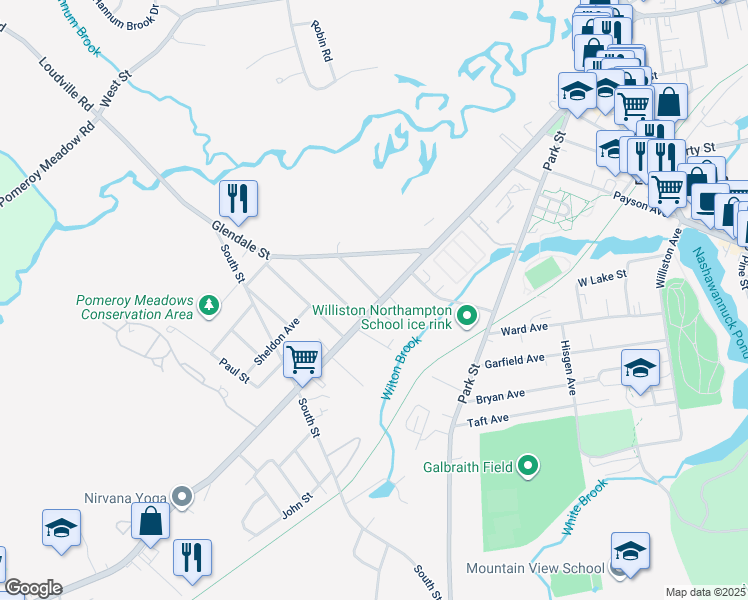 map of restaurants, bars, coffee shops, grocery stores, and more near 281 Main Street in Easthampton
