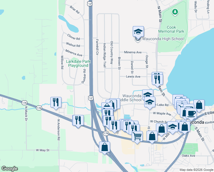 map of restaurants, bars, coffee shops, grocery stores, and more near 322 Indian Ridge Trail in Wauconda