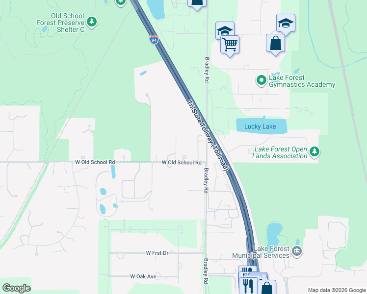 map of restaurants, bars, coffee shops, grocery stores, and more near 14080 West Old School Road in Libertyville