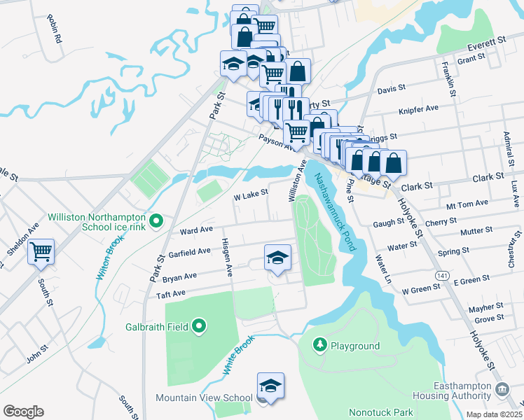 map of restaurants, bars, coffee shops, grocery stores, and more near 41 Ward Avenue in Easthampton