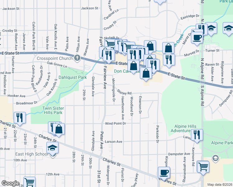 map of restaurants, bars, coffee shops, grocery stores, and more near 417 Morningside Drive in Rockford
