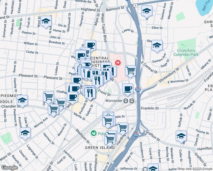map of restaurants, bars, coffee shops, grocery stores, and more near Mercantile Street in Worcester