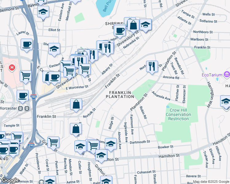 map of restaurants, bars, coffee shops, grocery stores, and more near 104 Norfolk Street in Worcester