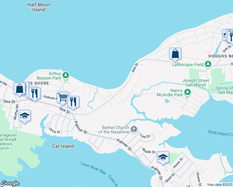 map of restaurants, bars, coffee shops, grocery stores, and more near Sea Street in Quincy