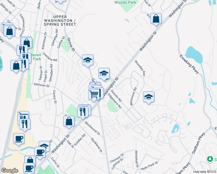 map of restaurants, bars, coffee shops, grocery stores, and more near 5129 Washington Street in Boston