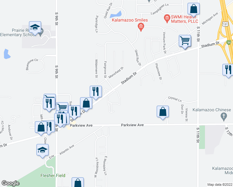 map of restaurants, bars, coffee shops, grocery stores, and more near 2901 Danford Creek Drive in Kalamazoo