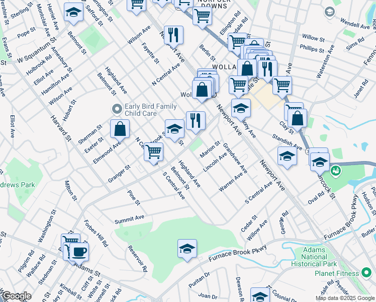 map of restaurants, bars, coffee shops, grocery stores, and more near 5 Prospect Avenue in Quincy