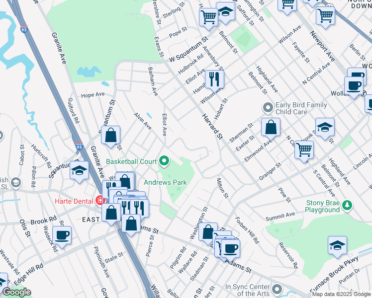 map of restaurants, bars, coffee shops, grocery stores, and more near 64 Elmwood Park in Quincy