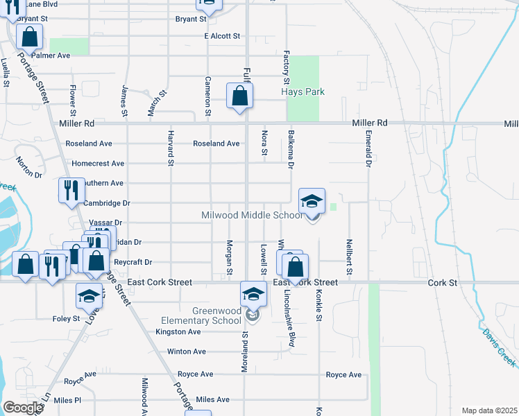 map of restaurants, bars, coffee shops, grocery stores, and more near 2820 Lowell Street in Kalamazoo
