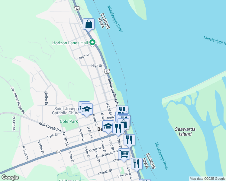 map of restaurants, bars, coffee shops, grocery stores, and more near U.S. 52 in Bellevue