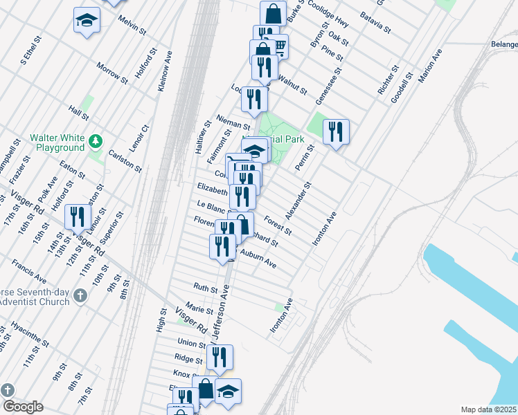 map of restaurants, bars, coffee shops, grocery stores, and more near 26 Forest Street in River Rouge