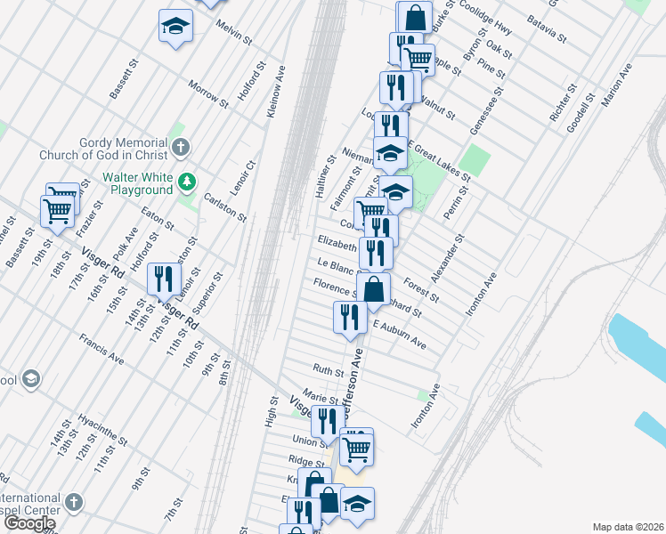 map of restaurants, bars, coffee shops, grocery stores, and more near 30 Florence Street in River Rouge