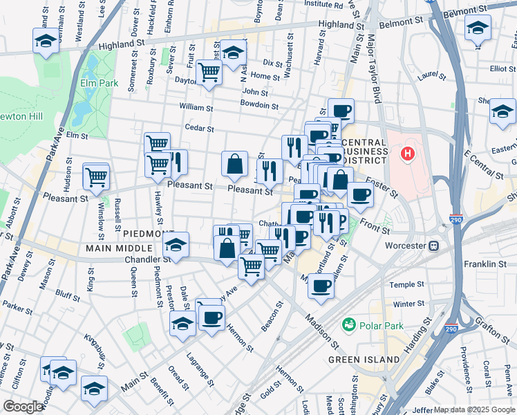 map of restaurants, bars, coffee shops, grocery stores, and more near 20 Irving Street in Worcester
