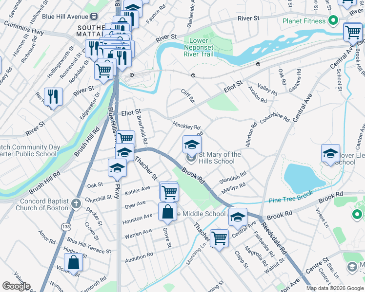 map of restaurants, bars, coffee shops, grocery stores, and more near 20 Ridge Road in Milton
