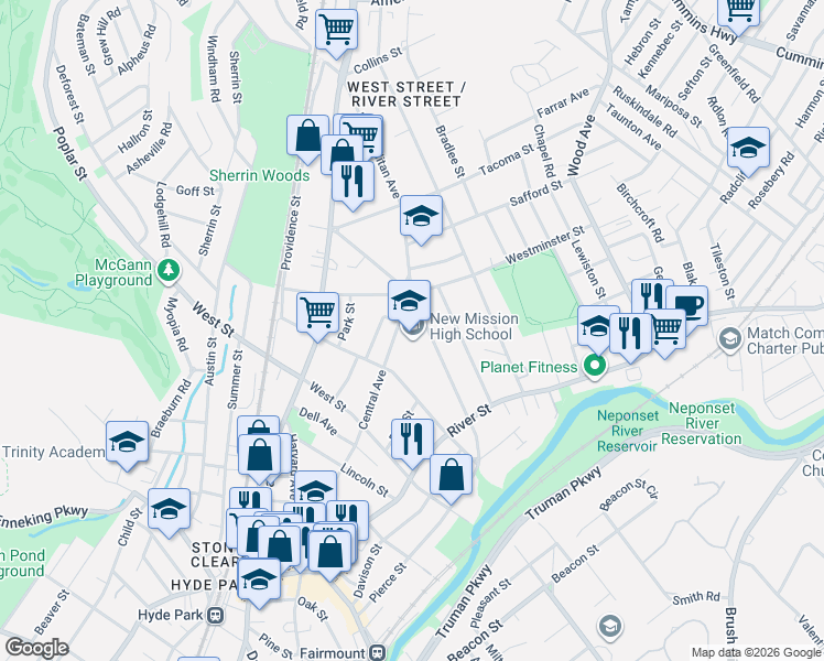 map of restaurants, bars, coffee shops, grocery stores, and more near 655 Metropolitan Avenue in Boston