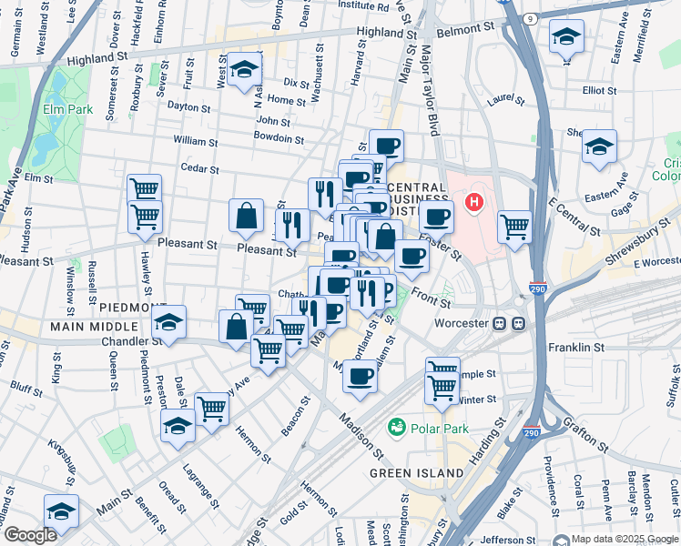 map of restaurants, bars, coffee shops, grocery stores, and more near 446 Main Street in Worcester