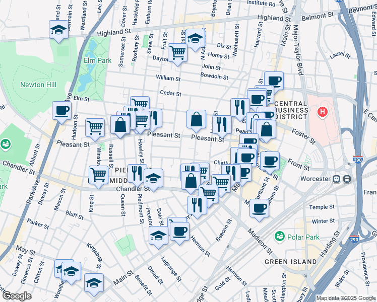 map of restaurants, bars, coffee shops, grocery stores, and more near in Worcester