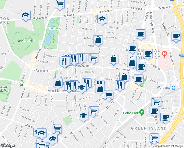 map of restaurants, bars, coffee shops, grocery stores, and more near 77 Chatham Street in Worcester