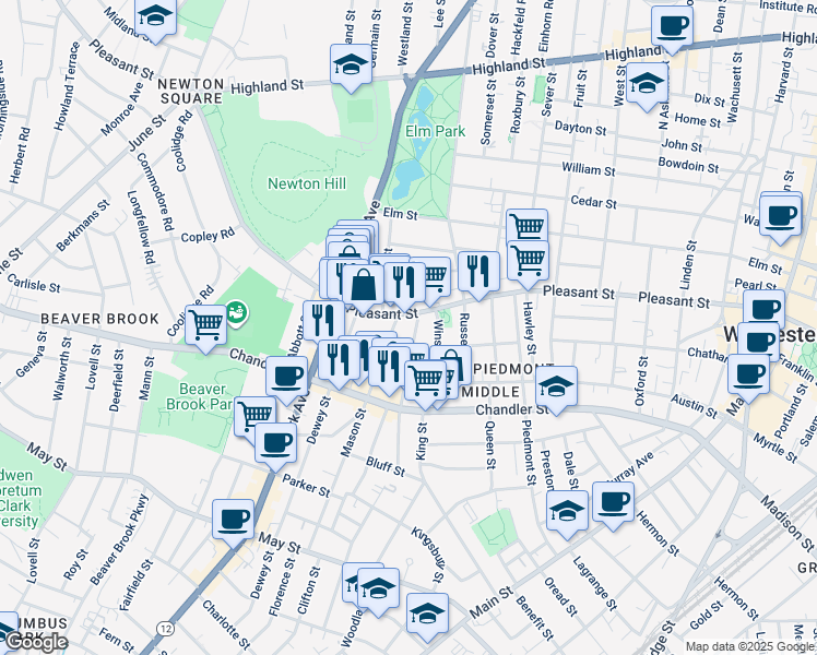 map of restaurants, bars, coffee shops, grocery stores, and more near 24 Bellevue Street in Worcester