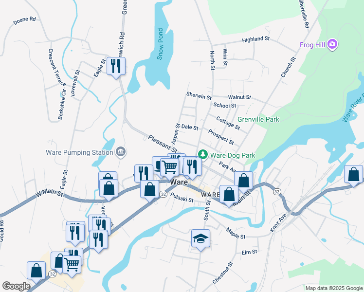 map of restaurants, bars, coffee shops, grocery stores, and more near 87 Pleasant Street in Ware