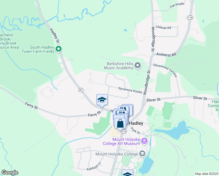 map of restaurants, bars, coffee shops, grocery stores, and more near 17 South Sycamore Knolls in South Hadley