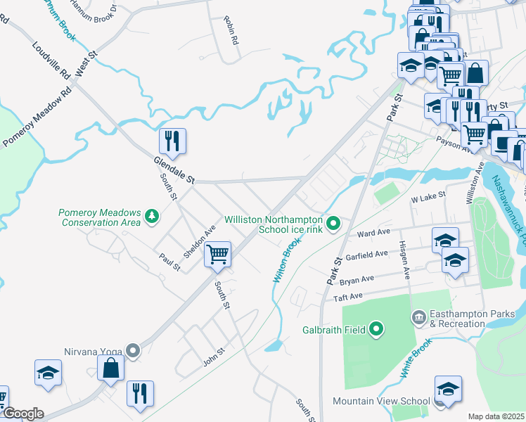 map of restaurants, bars, coffee shops, grocery stores, and more near 281 Main Street in Easthampton