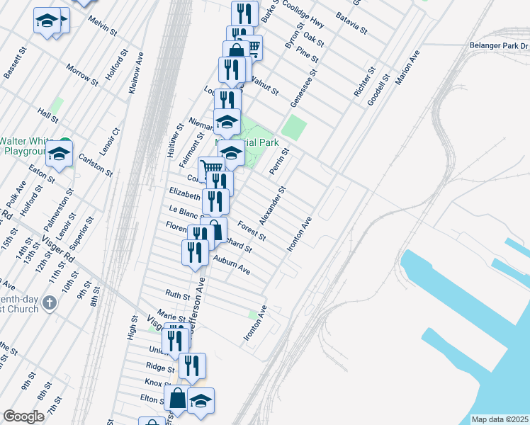map of restaurants, bars, coffee shops, grocery stores, and more near 50 Hill Street in River Rouge