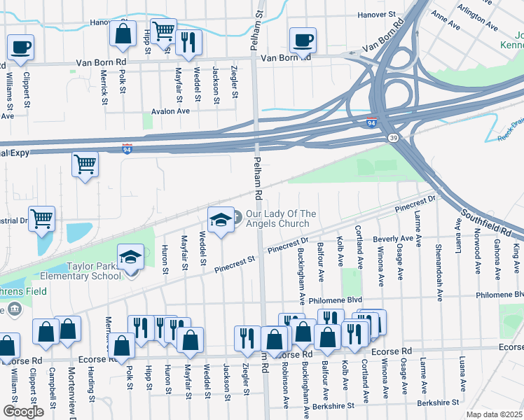 map of restaurants, bars, coffee shops, grocery stores, and more near 6390 Pelham Road in Taylor