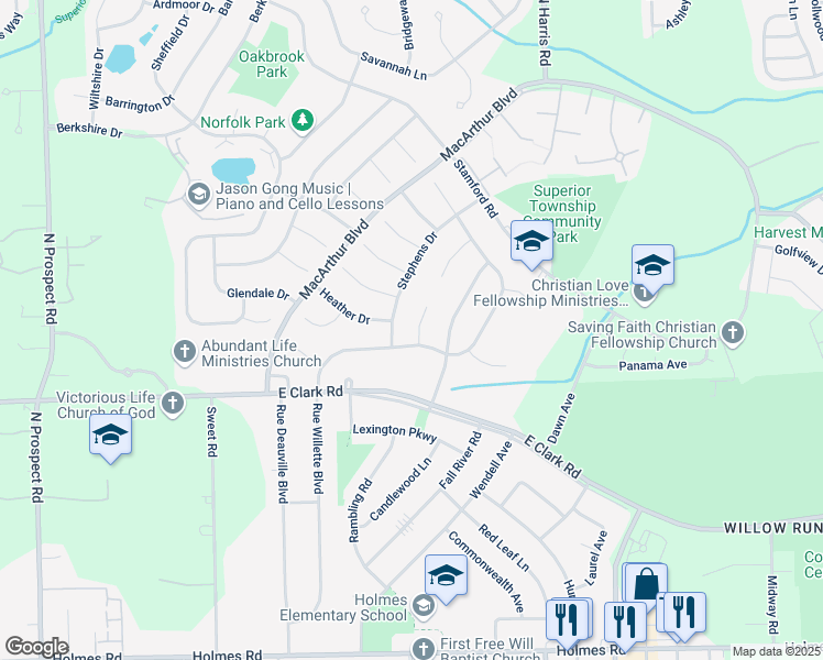 map of restaurants, bars, coffee shops, grocery stores, and more near 8809 Nottingham Drive in Superior Charter Township
