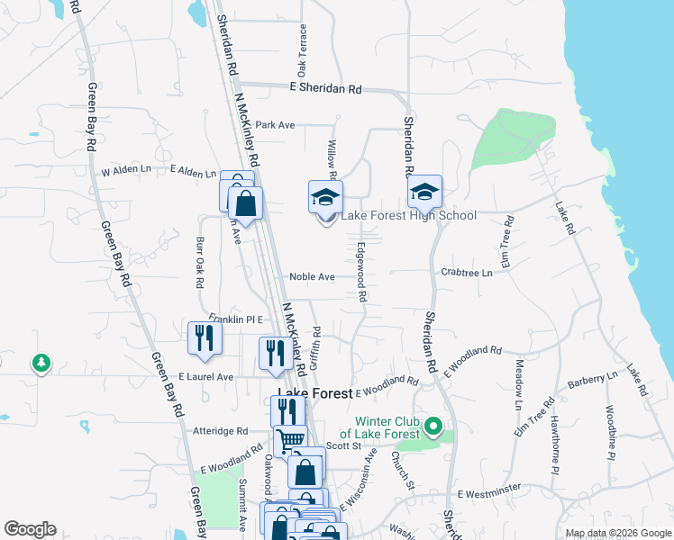 map of restaurants, bars, coffee shops, grocery stores, and more near 289 Noble Avenue in Lake Forest