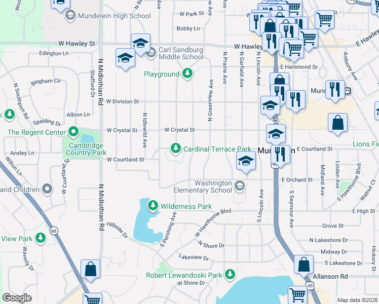 map of restaurants, bars, coffee shops, grocery stores, and more near 33 South Emerald Avenue in Mundelein