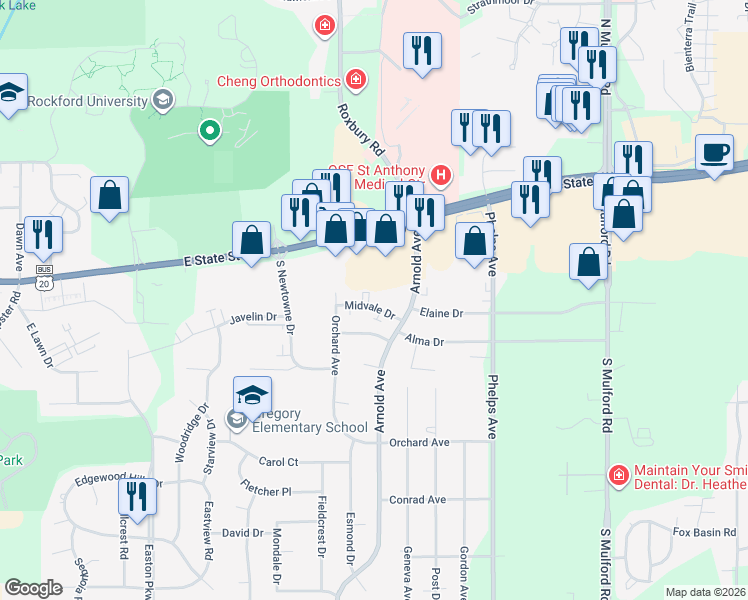 map of restaurants, bars, coffee shops, grocery stores, and more near 5417 Midvale Drive in Rockford