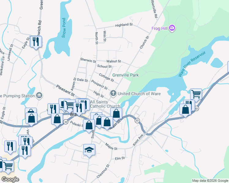 map of restaurants, bars, coffee shops, grocery stores, and more near 49 Church Street in Ware