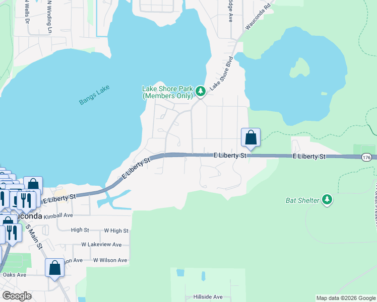 map of restaurants, bars, coffee shops, grocery stores, and more near 410 Hill Court in Wauconda