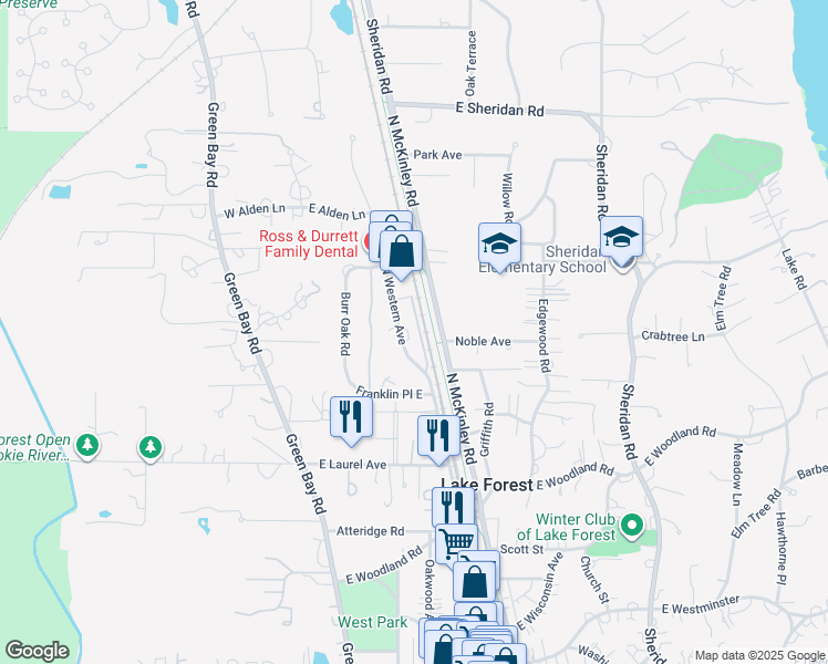 map of restaurants, bars, coffee shops, grocery stores, and more near 1301 North Western Avenue in Lake Forest