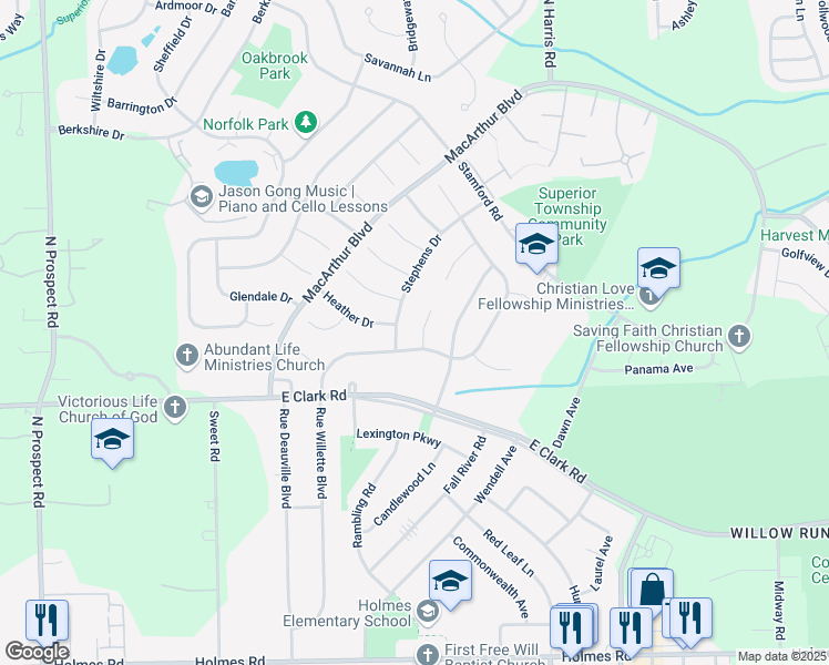 map of restaurants, bars, coffee shops, grocery stores, and more near 8809 Nottingham Drive in Superior Charter Township