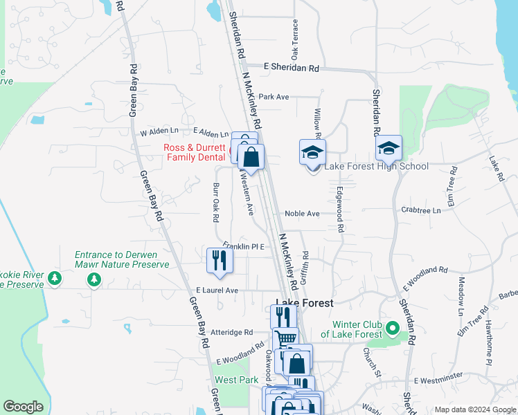 map of restaurants, bars, coffee shops, grocery stores, and more near 1301 North Western Avenue in Lake Forest
