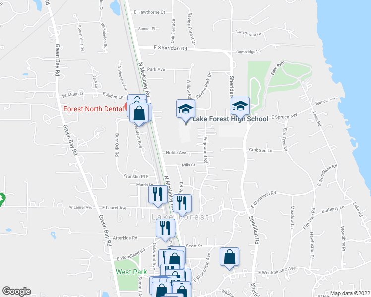 map of restaurants, bars, coffee shops, grocery stores, and more near 280 Noble Avenue in Lake Forest