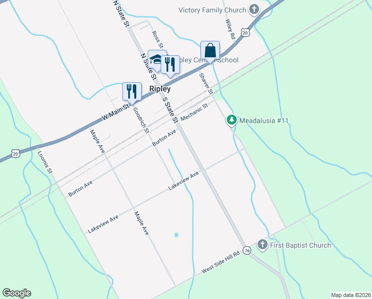 map of restaurants, bars, coffee shops, grocery stores, and more near 49 South State Street in Ripley