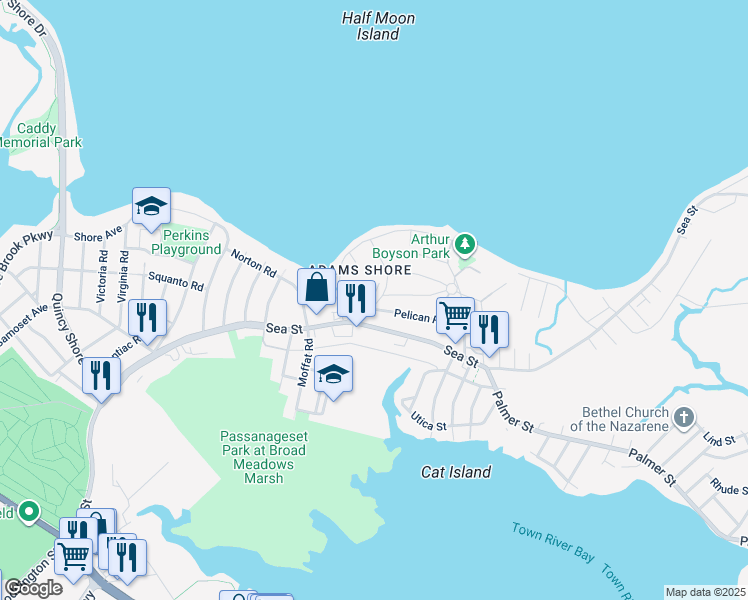 map of restaurants, bars, coffee shops, grocery stores, and more near 28 Curlew Road in Quincy
