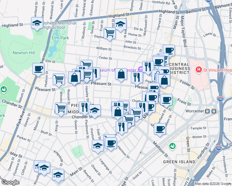 map of restaurants, bars, coffee shops, grocery stores, and more near in Worcester